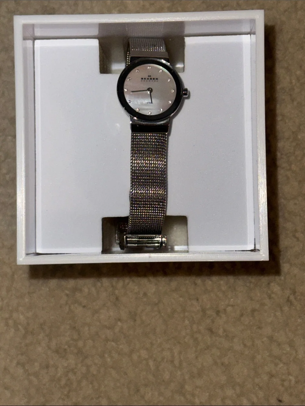 Skagen Silver Mesh Bracelet Watch with Mother-of-Pearl Dial